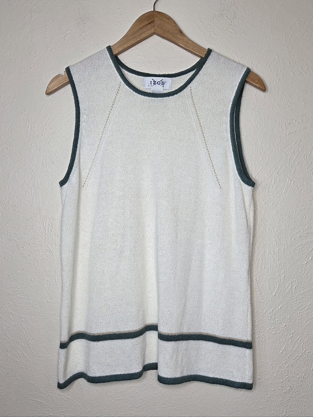 Vintage IZOD Sweater Tank Top White Green Tan Trim Knit Golfcore Preppy Tennis